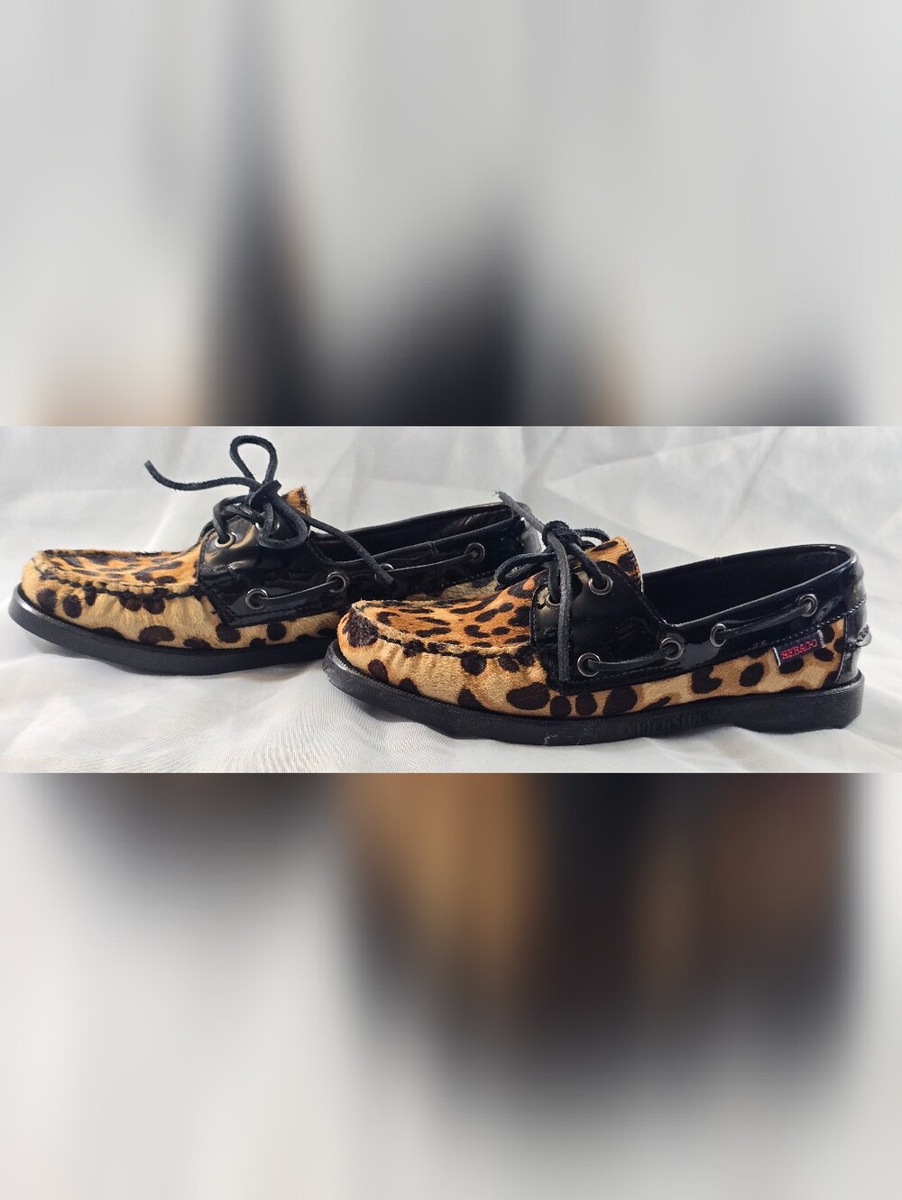 Sebago Docksides Spinnaker Leopard Calf Hair Patent Leather Boat Shoes 6
